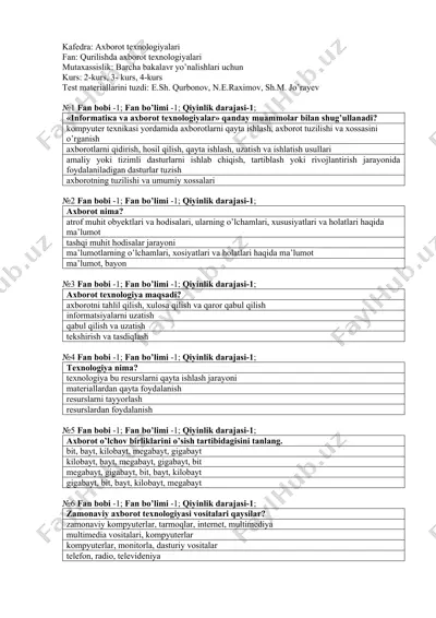 qurilishda axborot texnologiyalari test materiallari — DOCX