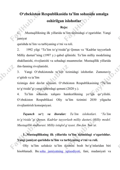 o‘zbekiston respublikasida ta’lim sohasida amalga oshirilgan islohotlar — DOCX