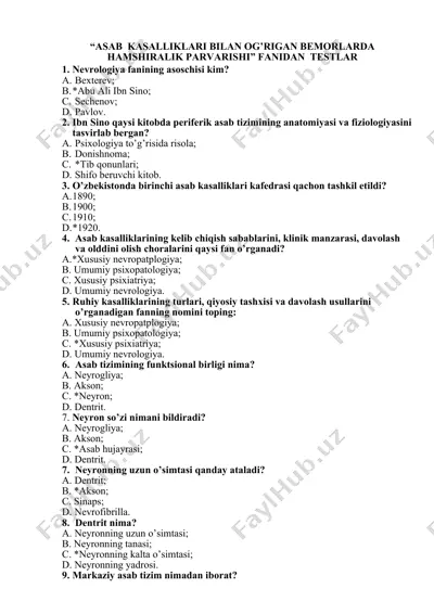 asab kasalliklari bilan og’rigan bemorlarda hamshiralik parvarishi fanidan testlar — DOCX