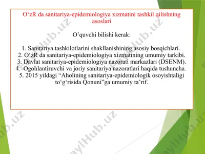 o‘zr da sanitariya-epidemiologiya xizmatini tashkil qilishning asoslari — PPTX