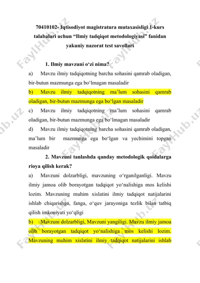 ilmiy tadqiqot metodologiyasi fanidan yakuniy nazorat test savollari — DOCX