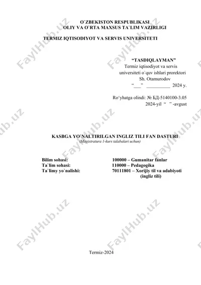 kasbga yo'naltirilgan ingliz tili fan dasturi (magistratura 1-kurs talabalari uchun) — DOCX