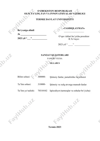 sanoat klasterlari fani bo‘yicha sillabus — DOCX