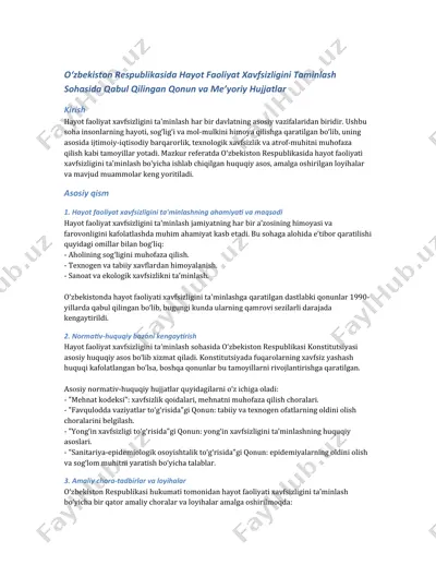 o‘zbekiston respublikasida hayot faoliyat xavfsizligini taminlash sohasida qabul qilingan qonun va me’yoriy hujjatlar — DOCX