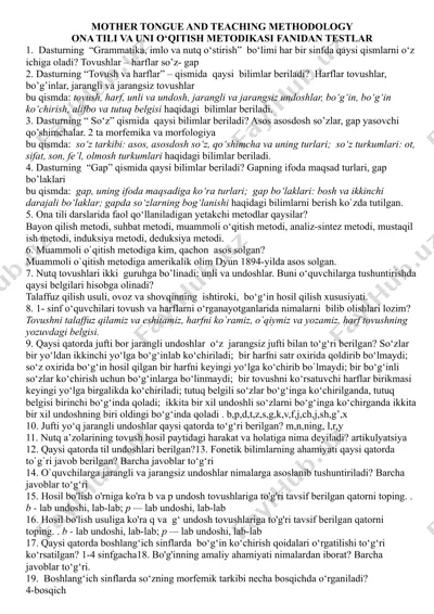 mother tongue and teaching methodology / ona tili va uni o‘qitish metodikasi fanidan testlar — DOCX