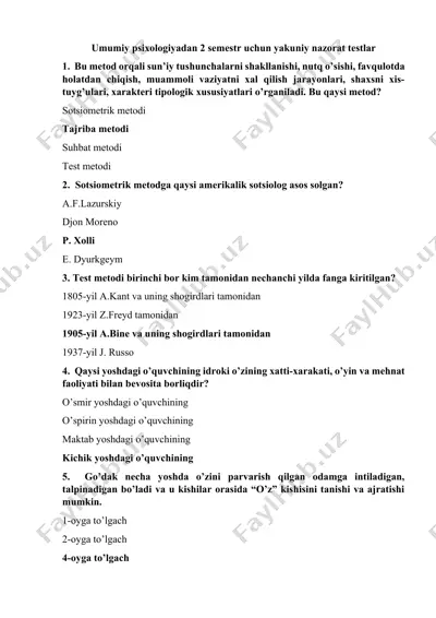 umumiy psixologiyadan 2 semestr uchun yakuniy nazorat testlar — DOCX