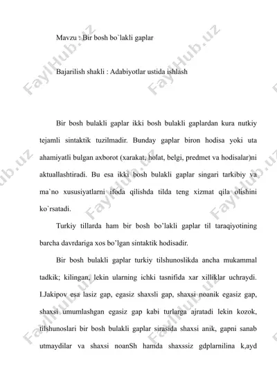 bir bosh bo`lakli gaplar haqida taqdimot — DOCX