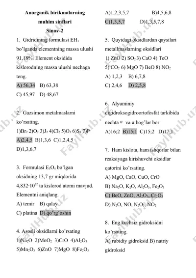anorganik birikmalarning muhim sinflari — DOCX