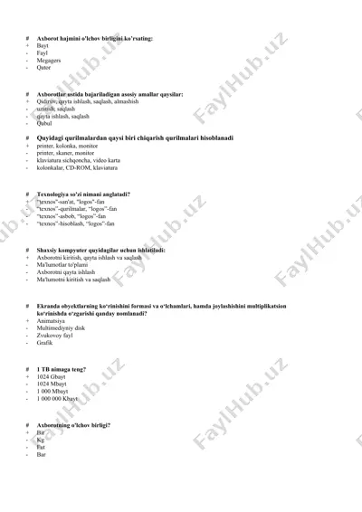 kompyuter texnologiyalari bo‘yicha savollar to‘plami — DOCX