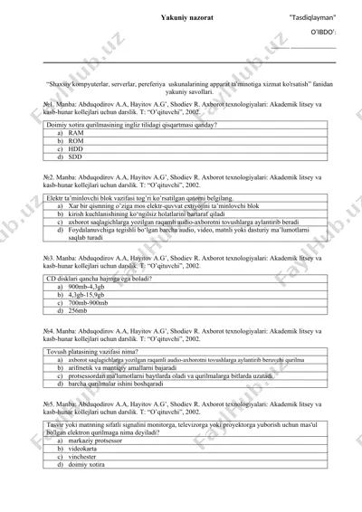 yakuniy nazorat savollari to‘plami “shaxsiy kompyuterlar, serverlar, pereferiya uskunalarining apparat ta'minotiga xizmat ko'rsatish” fanidan — DOCX