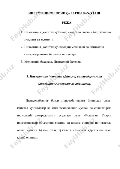 инвестицион лойиҳаларни баҳолаш — DOCX