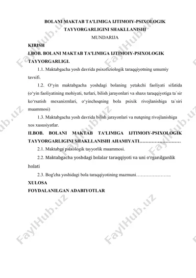 bolani maktab ta'limiga ijtimoiy-psixologik tayyorgarligini shakllanishi — DOCX