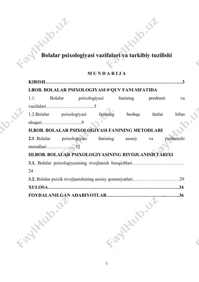 bolalar psixologiyasi vazifalari va tarkibiy tuzilishi — DOCX