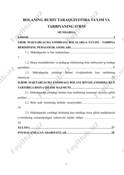 maktabgacha yoshdagi bolalarda kun tartibiga rioya qilish malakalarini o‘stirish — DOCX