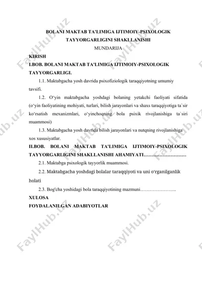 bolani maktab ta'limiga ijtimoiy-psixologik tayyorgarligini shakllanishi — DOCX