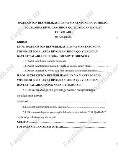 o‘zbekiston respublikasi ilk va maktabgacha yoshdagi bolalarda rivojlanishiga qo‘yiladigan davlat talablari — DOCX