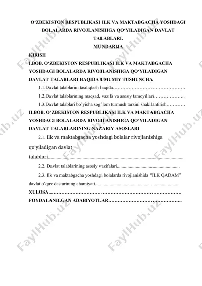 o‘zbekiston respublikasi ilk va maktabgacha yoshdagi bolalarda rivojlanishiga qo‘yiladigan davlat talablari — DOCX