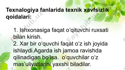 texnalogiya fanlarida texnik xavfsizlik qoidalari — PPTX