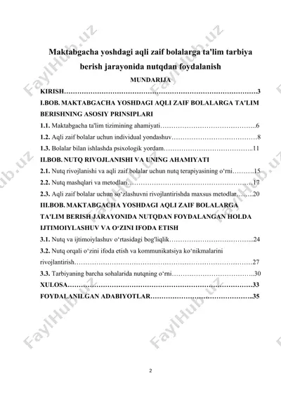 maktabgacha yoshdagi aqli zaif bolalarga ta'lim tarbiya berish jarayonida nutqdan foydalanish — DOCX