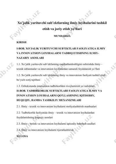 xo’jalik yurituvchi sub’ektlarning ilmiy loyihalarini tashkil etish va joriy etish yo’llari — DOCX