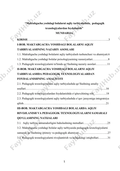 maktabgacha yoshdagi bolalarni aqliy tarbiyalashda, pedagogik texnologiyalardan foydalanish — DOCX