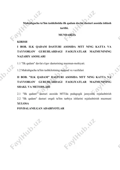 ilk qadam davlat o'quv dasturi asosida maktabgacha ta'lim tashkilotida katta va tayyorlov guruhlar faoliyati — DOCX