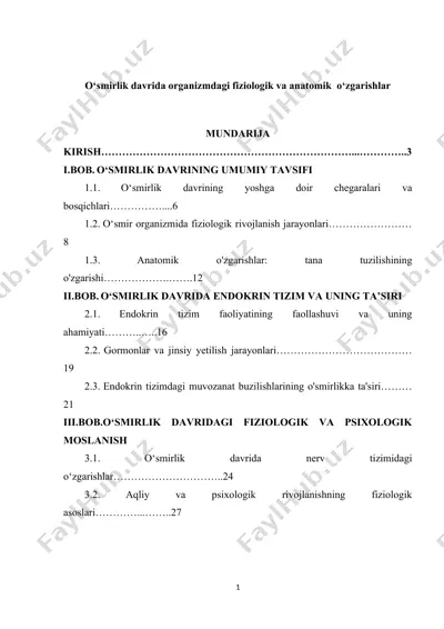 o‘smirlik davrida organizmdagi fiziologik va anatomik o‘zgarishlar — DOCX
