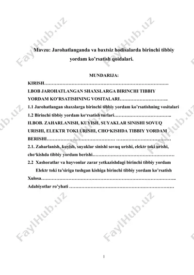 jarohatlanganda va baxtsiz hodisalarda birinchi tibbiy yordam ko’rsatish qoidalari — DOCX