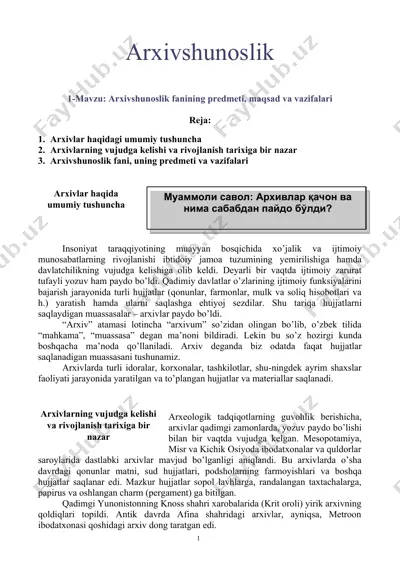 arxivshunoslik: o’quv qo’llanma — DOCX