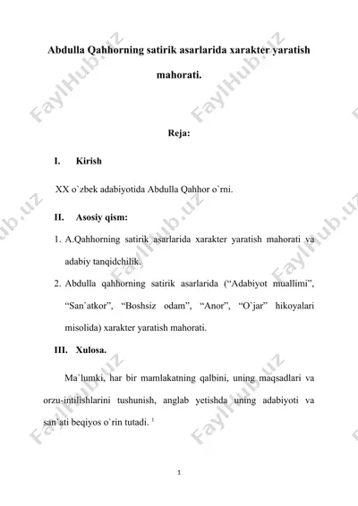 abdulla qahhorning satirik asarlarida xarakter yaratish mahorati — DOCX