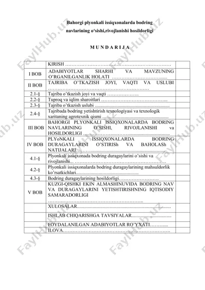bahorgi plyonkali issiqxonalar uchun bodring navlari — DOCX