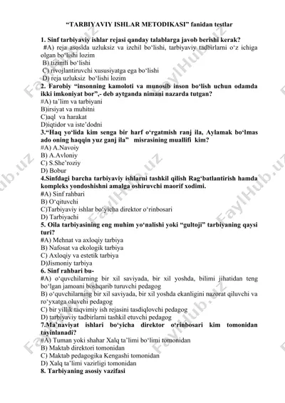 tarbiyaviy ishlar metodikasi fanidan testlar — DOCX