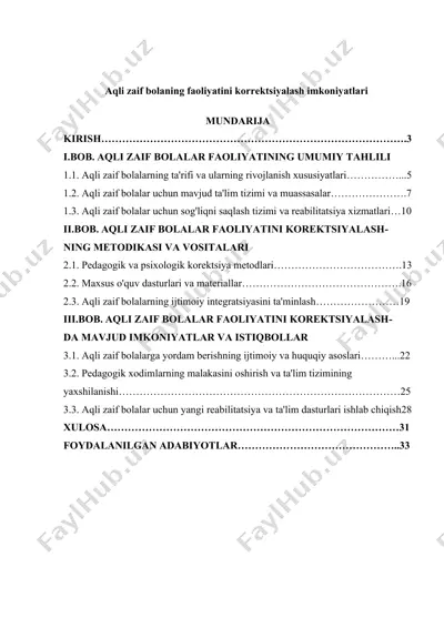 aqli zaif bolaning faoliyatini korrektsiyalash imkoniyatlari — DOCX