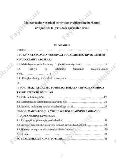maktabgacha yoshdagi tarbiyalanuvchilarning barkamol rivojlanishi to’g’risidagi qarashlar taxlili — DOCX
