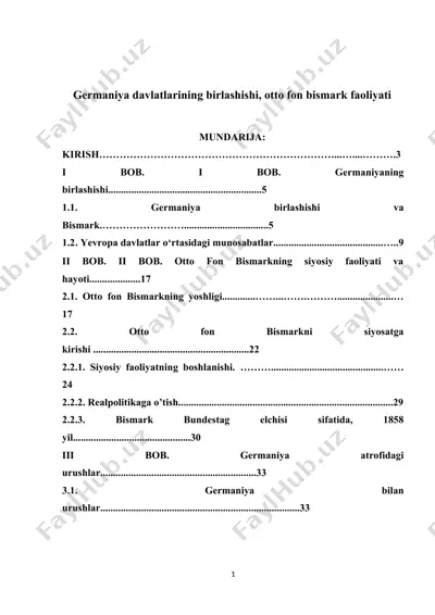 germaniya davlatlarining birlashishi, otto fon bismark faoliyati — DOCX