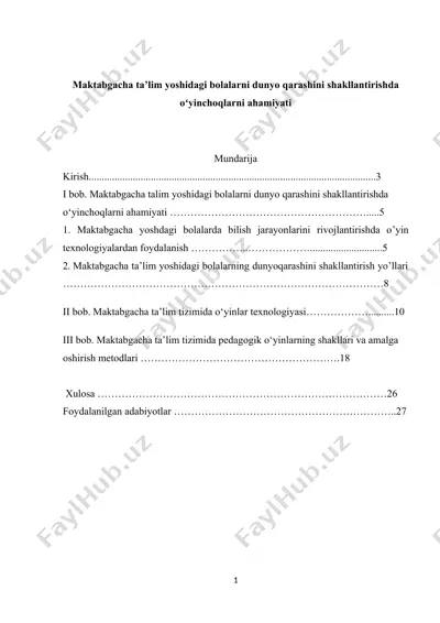 maktabgacha ta’lim yoshidagi bolalarni dunyo qarashini shakllantirishda oʻyinchoqlarni ahamiyati — DOCX