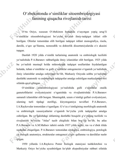 o‘zbekistonda o‘simliklar sitoembriologiyasi fanining qisqacha rivojlanish tarixi — DOC