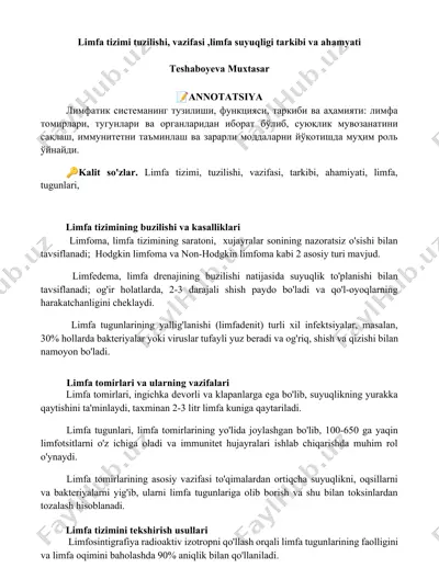 limfa tizimi tuzilishi, vazifasi va ahamiyati — DOCX