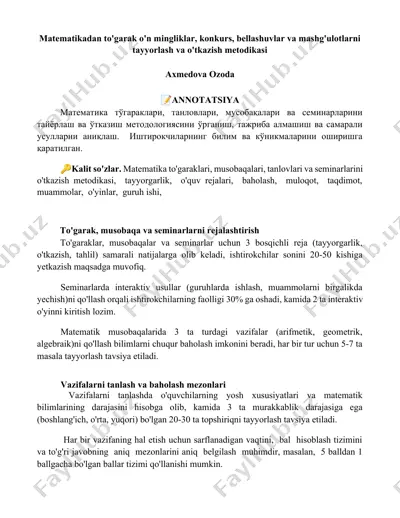 matematikadan to'garak o'n mingliklar, konkurs, bellashuvlar va mashg'ulotlarni tayyorlash va o'tkazish metodikasi — DOCX