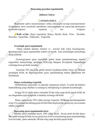 dunyoning qaytadan taqsimlanishi — DOCX