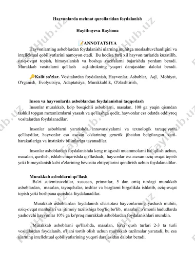 hayvonlarda mehnat qurollaridan foydalanish — DOCX