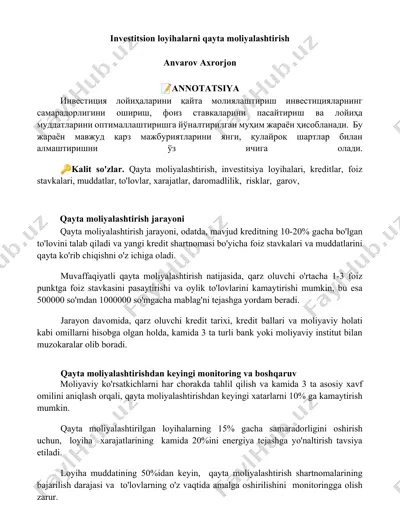 investitsion loyihalarni qayta moliyalashtirish — DOCX