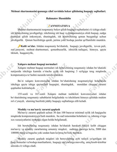 mehnat shartnomasini qonunga xilof ravishda bekor qilishning huquqiy oqibatlari — DOCX