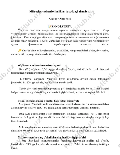 mikroelementlarning o'simliklar hayotidagi roli va ahamiyati — DOCX
