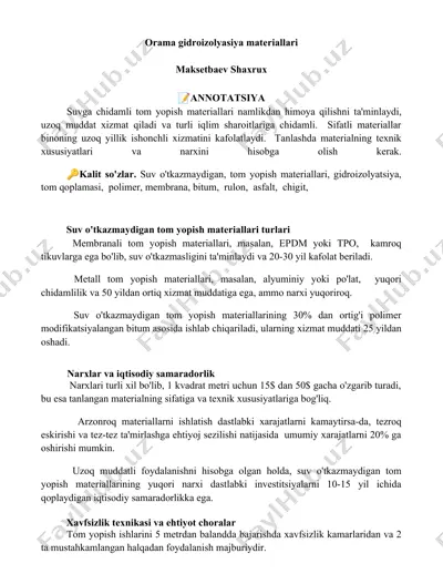 suvga chidamli tom yopish materiallari — DOCX