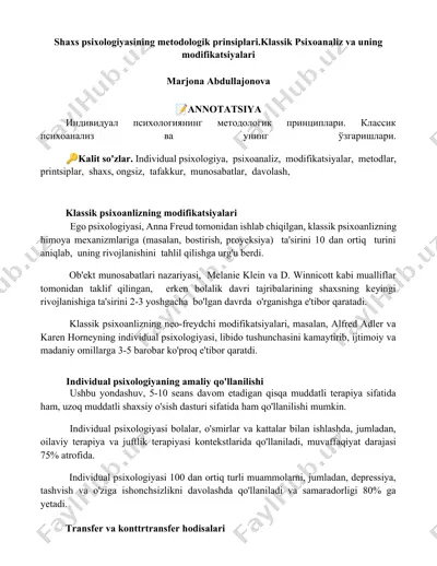 shaxs psixologiyasining metodologik prinsiplari. klassik psixoanaliz va uning modifikatsiyalari — DOCX