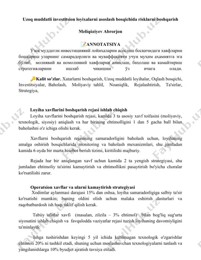 uzoq muddatli investitsion loyihalarni asoslash bosqichida risklarni boshqarish — DOCX