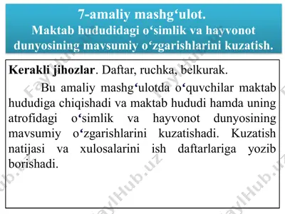 maktab hududidagi oʻsimlik va hayvonot dunyosining mavsumiy oʻzgarishlarini kuzatish — PPTX