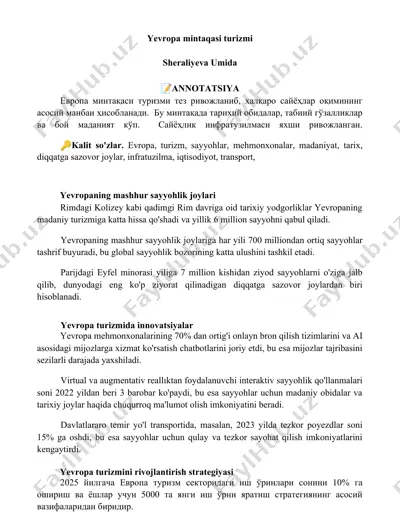 yevropa mintaqasi turizmi — DOCX