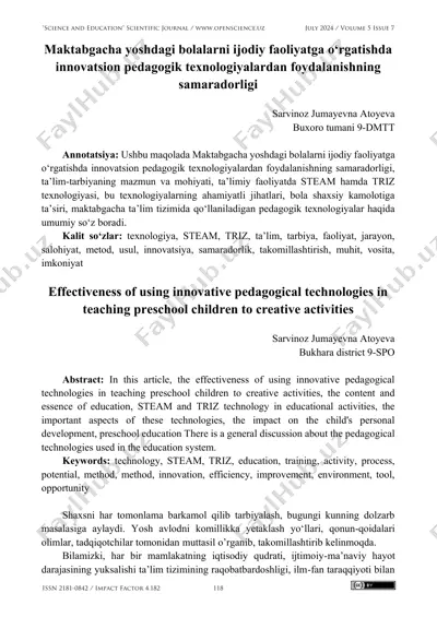 maktabgacha yoshdagi bolalarni ijodiy faoliyatga o‘rgatishda innovatsion pedagogik texnologiyalardan foydalanishning samaradorligi — PDF